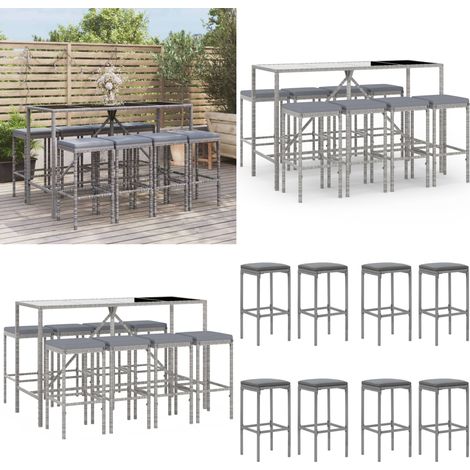 9-tlg. Gartenbar-Set mit Kissen Grau Poly Rattan - Gartenbar-Set - Outdoor Möbel - Poolparty Deko - Lounge Bereich - Esszimmer Draußen - Home & Living (1/5)