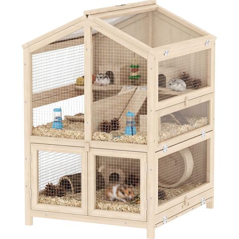 Cage à hamster en bois à 3 niveaux avec abreuvoirs, balançoires, plateau amovible et couvercles amovibles naturels. Cette cage pour rongeurs et petits animaux est conçue avec des matériaux de haute... (1/5)