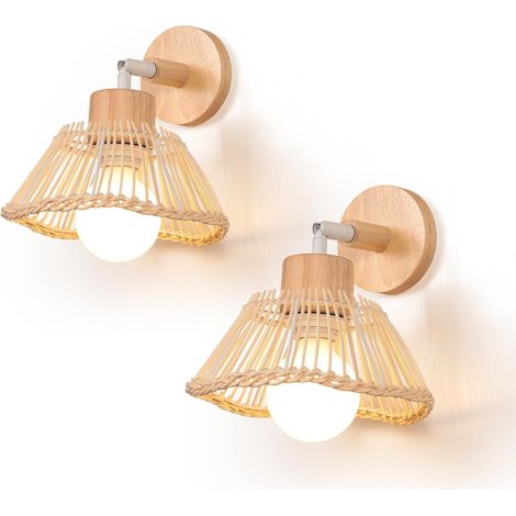 Lot de 2 Appliques Murales en Bambou Lampe Tressée à la Main Abat-jour E27 Applique Murale en Rotin Vintage Bois Lampe de Mur Rotative Plafonnier Luminaire Déco pour Salon Chambre Couloir (1/5)