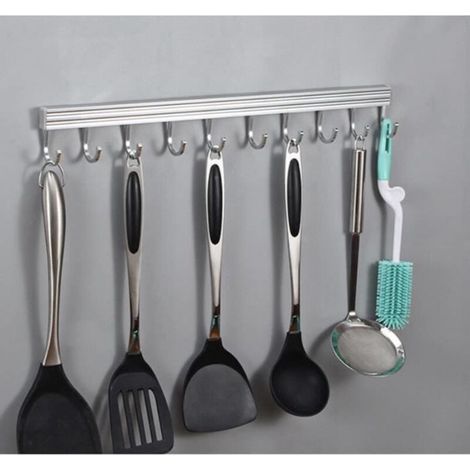 Barre à ustensiles de cuisine mural avec 10 crochets inox sans perçage 50cm Support Range étagère Porte serviette salle de bain