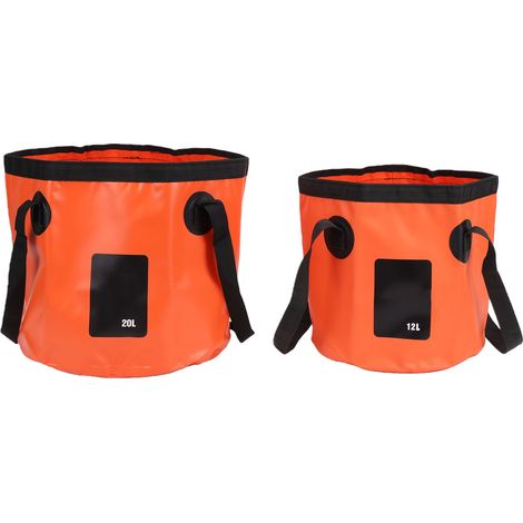 Lot de 2 seaux pliables de 12 L et 20 L, robustes et portables, pour le camping, la pêche, la randonnée et le lavage de voiture (orange). (1/5)