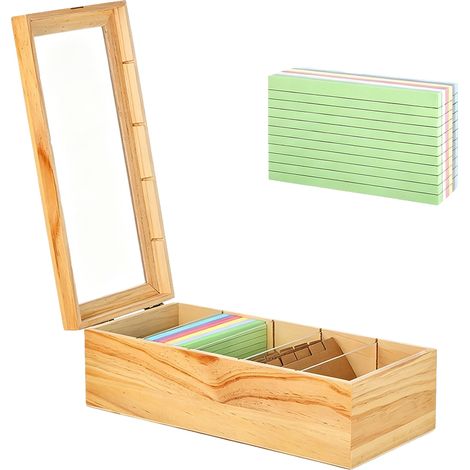 Boîte De Rangement En Bois Naturel - 4 Compartiments Réglables Pour Cartes A7 - Couvercle Transparent Pour Bureau Et Étude - Dimensions 25 5x15 1x10 5 Cm (1/5)