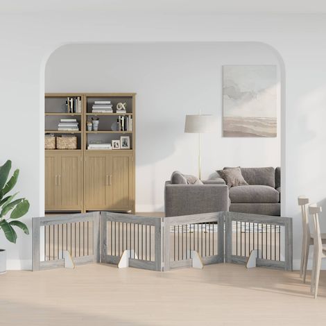 Cancello per cani pieghevole con supporti 4 pz Grigio Sonoma vidaXL