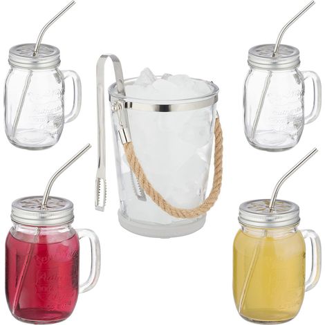 Jarres avec Paille et Couvercle, Set, 4 Verres à Cocktail de 500 ML, Seau à glaçons et Pince, Transparent (1/5)