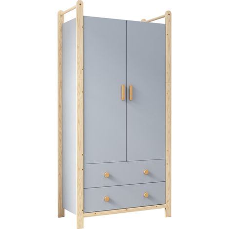 Armario de 2 puertas con barra y 2 cajones de madera y aglomerado azul 90x45x180 cm (1/5)