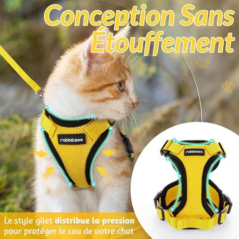 Harnais pour chat jaune Rabbitgoo S, réglable et réfléchissant, gilet respirant avec laisse (1/5)