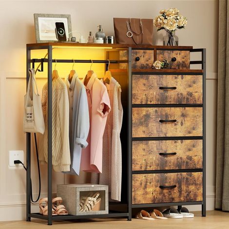 Kommode mit Kleiderstange, 6 Schubladen, LED-Beleuchtung und Steckdose, Vintage-Design (1/5)