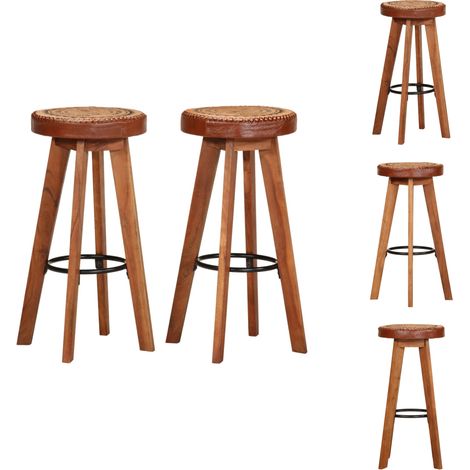Tabourets de bar 2 pcs Cuir véritable et bois d'acacia solide - Tabouret De Bar - Tabouret De Comptoir - Chaise De Bar - Mobilier Retro - Meubles Design (1/5)