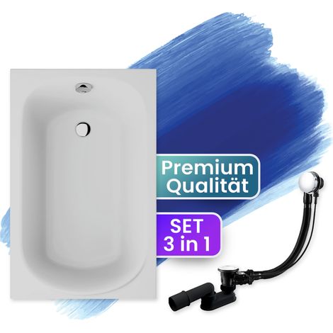 Badewanne Rechteck 110x70, Ablaufgarnitur & Füßen GRATIS - Komplettset 3in1 Original Acryl Wanne Premium Siphon - Made in EU - BADLAND MINI (1/4)