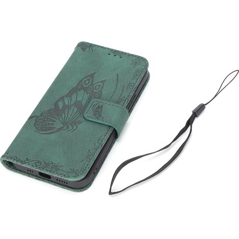 Étui portefeuille pour iPhone 12 Pro, en cuir PU, à rabat, avec emplacement pour carte de crédit, vert