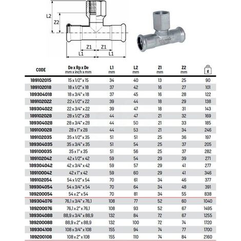Tee con derivazione filetto F ø42x1/2"Fx42 inox 316L press 189102042 (1/3)