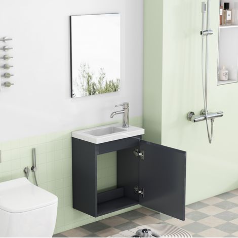 Mueble de lavabo mural 40 cm gris brillante MDF con lavabo cerámico y espejo - CHICFURN (1/5)