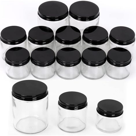 Set of 12 clear glass jars (56.7g, 113.4g, 226.8g) with black lids, round glass containers with lids, travel jars for creams and lotions (1/5)