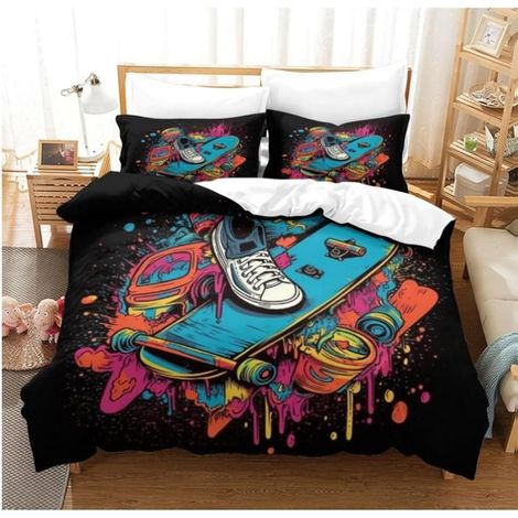 Skate Graffiti Parure De Lit Housse De Couette 3D, Imprimé Literie en Microfibre avec Fermeture Glissière 240x260cm - T0U (1/4)