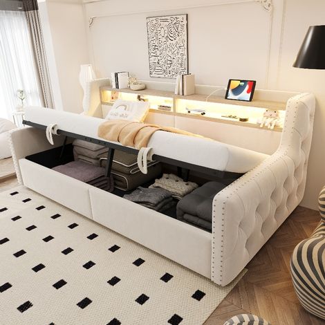 Polsterbett Schlafsofa 90x200 cm mit hydraulischem Stauraum und LED-Beleuchtung, Tagesbett aus Samt in Beige mit USB-Steckdose und Lattenrost (1/5)