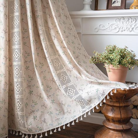 JSSEVN - Boho bedroom curtains, bohemian beige tassel semi-blackout window panel, 1 panel, W59 x L63 (1/5)