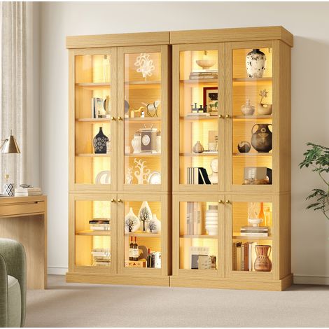 Armario alto vitrinas LED lote de 2, 80 x 40 x 180 cm, MDF y vidrio, madera natural DESVIAE (1/5)