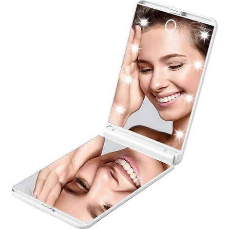 Miroir compact - Grossissement 1x/2x, éclairage LED lumière naturelle, 8 LED à intensité variable, pliable et portable, idéal pour les voyages, les poches, les sacs à main et comme cadeau - Blanc (1/5)