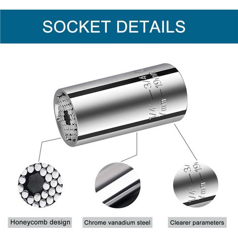 Clé à douille universelle en acier au chrome-vanadium, métrique et impériale, chromée, douille multifonctionnelle 7-19 mm, jeu de 2 pièces [douille + récepteur] (1/5)