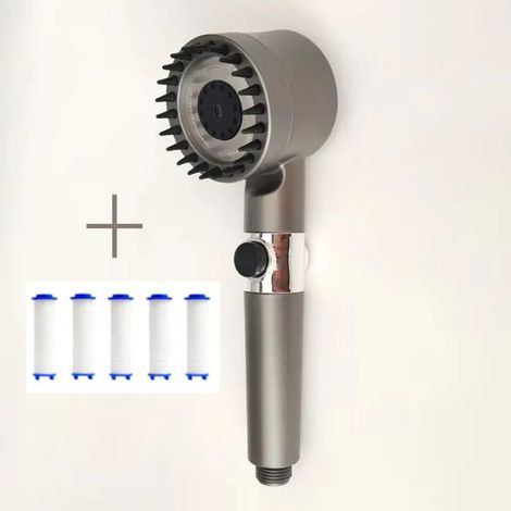 (Gris A avec filtre 5) Trois vitesses de réglage, accessoires de salle de bain, pommeau de douche portable avec massage de la tête et filtre. (1/5)
