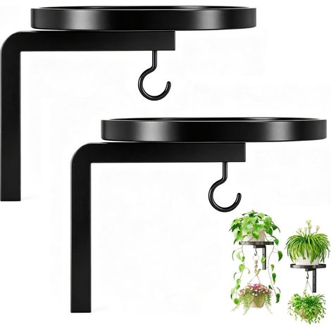 Lot de 2 supports muraux en métal pour plantes avec étagère et crochets, étagère murale pour intérieur et extérieur, peu encombrant, inoxydable, durable, design moderne, noir (1/5)