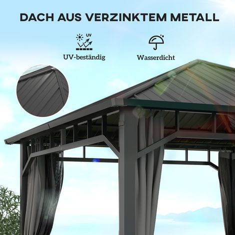Pavillon extérieur 3x3 m imperméable, solide et résistant à l'hiver, avec parois latérales, moustiquaires, crochets et toit dur, gris anthracite