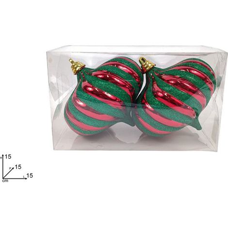 PALLE A GOCCIA 15CM 2PZ ROSSO GLITTER VERDE IN BOX PVC DI DUEESSE CHRISTMAS
