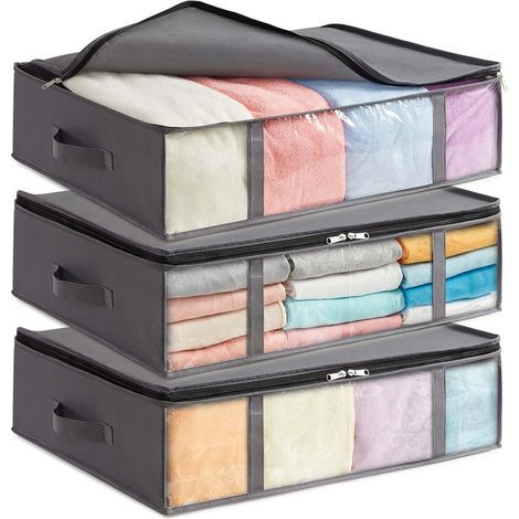 Under Bed Storage Bags, Foldable Clothes Storage Box, Duvet Storage Cover, Closet Organizer with Transparent Window for Towels, Blankets, Grey, 40 L, Set of 3 (1/5)
