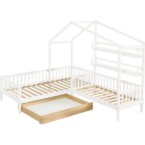 Kinder-Hausbett aus Holz mit Schubladen und Regalen, weiß, 90 x 200 cm + 140 x 70 cm (1/5)