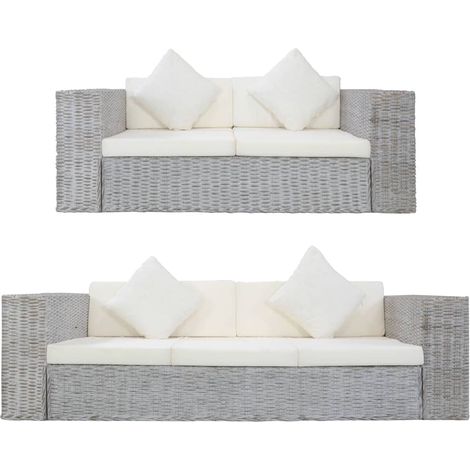 Set di Divani 2 pz con Cuscini Grigio in Rattan Naturale vidaXL