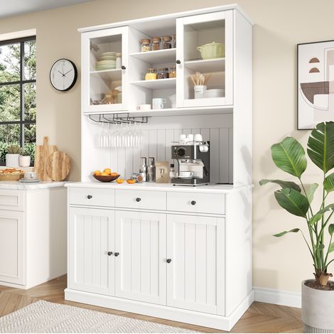 Buffet haut 120/40/191 cm blanc avec portes vitrées, porte-verres, prises et USB (1/5)