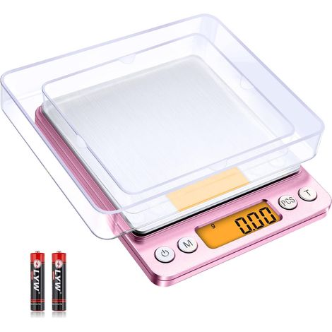 Balance de Precision 0.01g/500g, 6 Unités & Fonction Tare, avec 2 Plateaux et Piles, Haute PréCision Mini Balance, Fonction Tare & PCS, Jewellery - Rose (1/5)