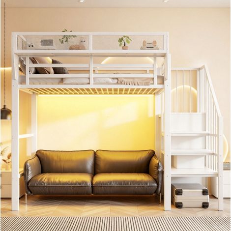 Lit mezzanine enfant 90x200cm en métal blanc avec escalier de rangement et Armoire– Garde-corps antichute – Capacité 120kg (1/5)
