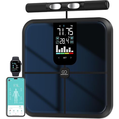 Balance Connectée Impédancemètre 8 Électrodes Professionnelle, Pèse Personne Masse Graisseuse et Muscle avec Poignée, 28 Mesures (Poids, IMC, Graisse), Grand Écran LED, Max 180kg/400lb