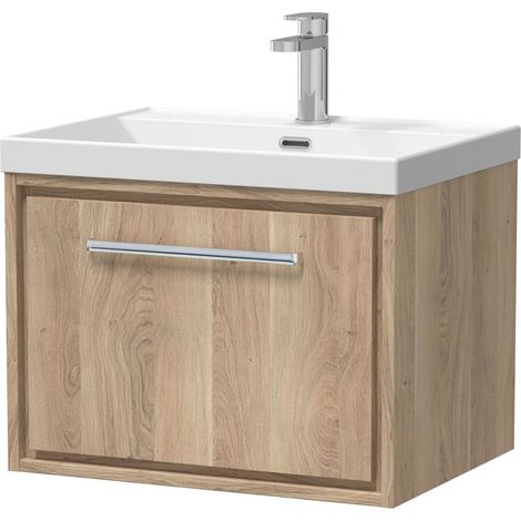 Longnor 1 Drawer Wall Hung Vanity Unit with 1 Tap Hole Thin Edge Basin, Light Oak, 600mm