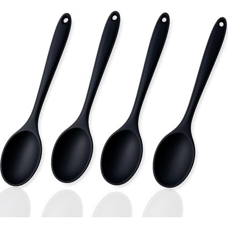 Cuillères en Silicone Anti Adhésives, 20cm, Noir Cuillere Silicone Anti Adhésive Résistante à la Chaleur, Louche Cuisine pour Servir et Mélanger, Cuillère de Service Set (1/5)