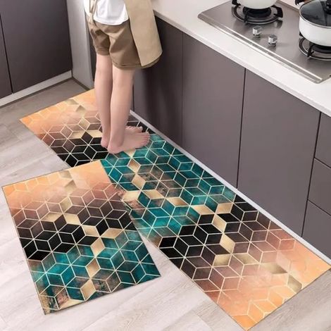 Lot de 2 Tapis de Cuisine Antidérapant - 40x60 cm et 40x120 Orange Vert Or - Motifs Géométriques Tapis de Salon (1/3)