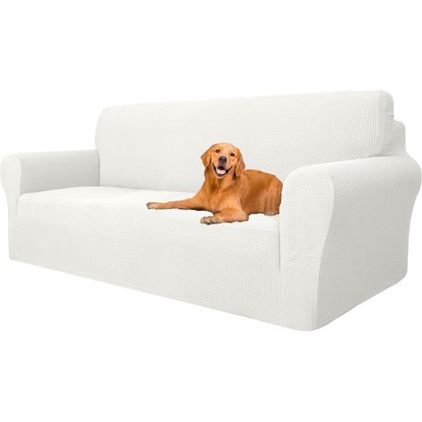 Housse de Canapé 3 Places Blanche Extensible, Antidérapante, Résistante aux Taches, Lavable, Style Moderne (1/5)