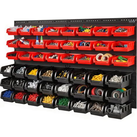 Étagère Bac à Bec Plastique, 48 Boites Rangement Empilables Atelier Garage avec Panneaux Muraux, Organisateur Outils pour Écrous, Boulons, Vis, Clous, Perles, Boutons, Petites Pièces, Noir/Rouge (1/5)