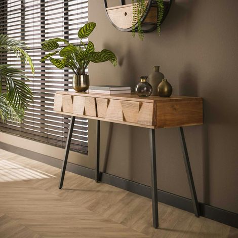 Pier Import – Console d'entrée en bois massif d'acacia 2 tiroirs – Design vintage et industriel – Dimensions 120x40x77 cm – Finition métal noir