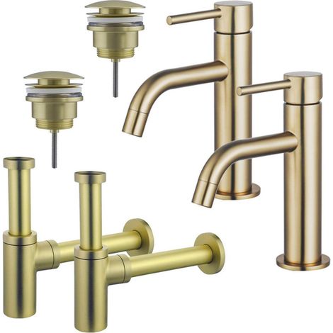 FugaFlow Eccelente Sobrado Slim Kit robinet lavabo - pour double vasque - robinet bas - bonde clic clac - siphon design - Laiton brossé PVD (1/4)