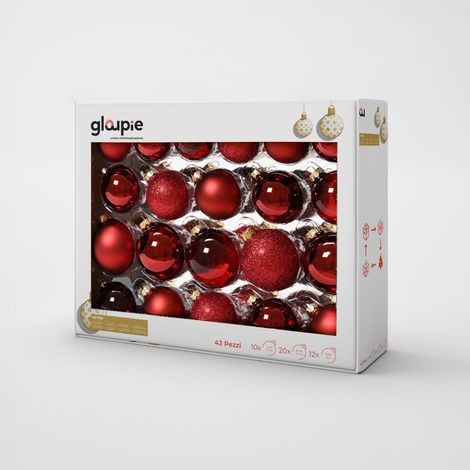 GLOUPIE Box 42 Palline Per Albero Di Natale In Vetro Resistente Bordeaux, 3 Misure Ø 7, 6, 5 cm, In Diverse Finiture Color Rosso (1/5)
