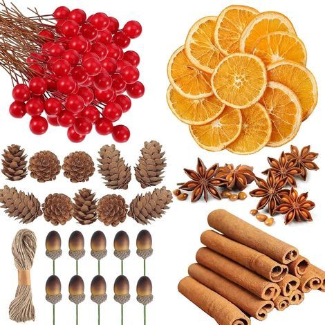 225-teiliges Set Weihnachtskranz-Dekorationen, 20 getrocknete Orangenscheiben, 20 Zimtstangen, 10 Ananas, 10 Sternanis, 10 Eicheln, 155 rote Beeren – für Weihnachtsbasteleien und Partydekorationen (1/5)