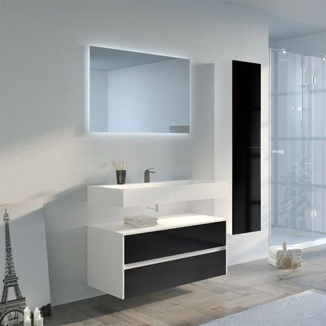 Distribain – Meuble sous vasque simple 100 cm – MDF noir brillant – 2 tiroirs push open – Miroir LED rétro-éclairé – Installation sur roulettes ou suspendu (1/5)