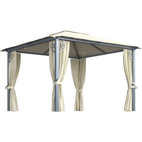Tonnelle avec rideau et lumières LED 3x3 m Crème Aluminium