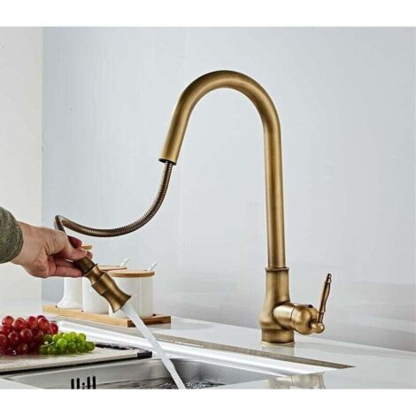Robinet de Cuisine Antique Laiton,Mitigeur Cuisine Rotatif à 360°avec Douchette Extensible,Robinet d'évier de Cuisine à Levier Unique Réglable Chaud et Froid à Grande Arche,Laiton Brossé (1/5)