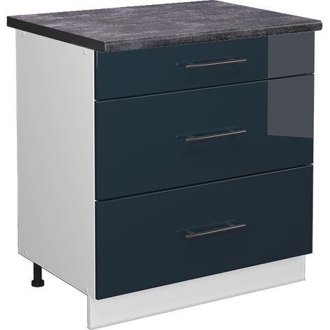 Meuble cuisine Fame-Line, Bleu foncé brillant, 80 cm avec 3 tiroirs, PT Anthracite, Vicco (1/5)