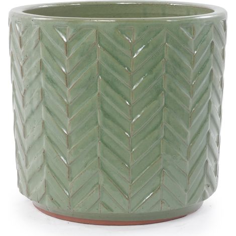 Maceta de cerámica Ø20 cm verde salvia brillante con relieve de espiga y orificio de drenaje (1/5)