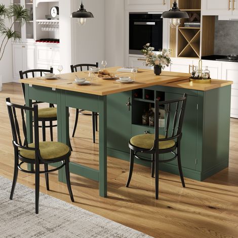 Sideboard bar extensible en MDF vert antique, 120-180 x 40 x 76 cm, avec rangements, casier à vin et plateau pivotant (1/5)