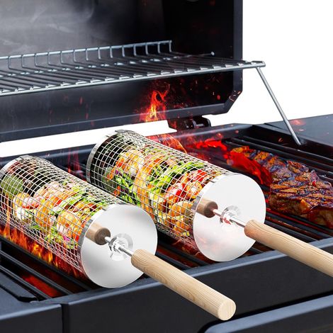 Drehbarer Grillkorb aus Edelstahl 304 mit abnehmbarem Holzgriff ein stapelbares Koch- und Räucherzubehör, ideal zum Kochen im Freien und beim Camping. (1/5)